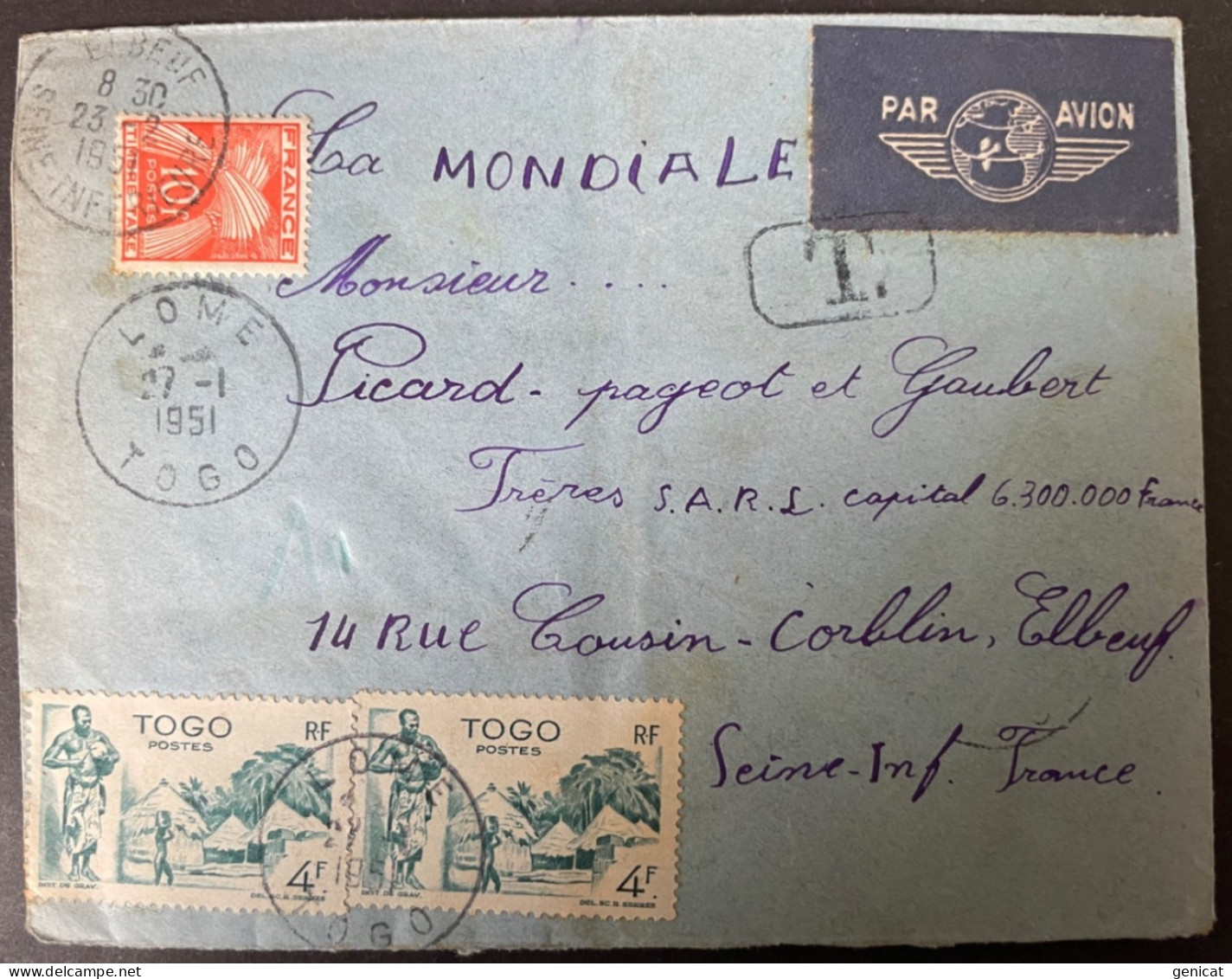 Togo Lettre De Lome Timbre Taxe 10 Fr Type Gerbe De Elbeuf 1951 - Lettres & Documents