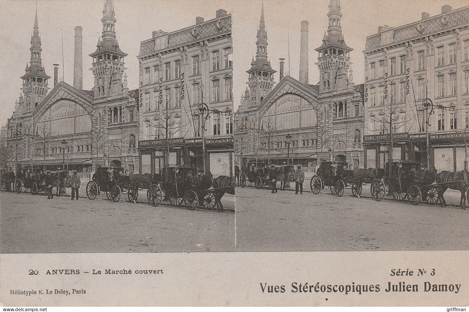 CARTE STEREOSCOPIQUE BELGIQUE ANVERS LE MARCHE COUVERT JULIEN DAMOY TBE - Stereoscopische Kaarten