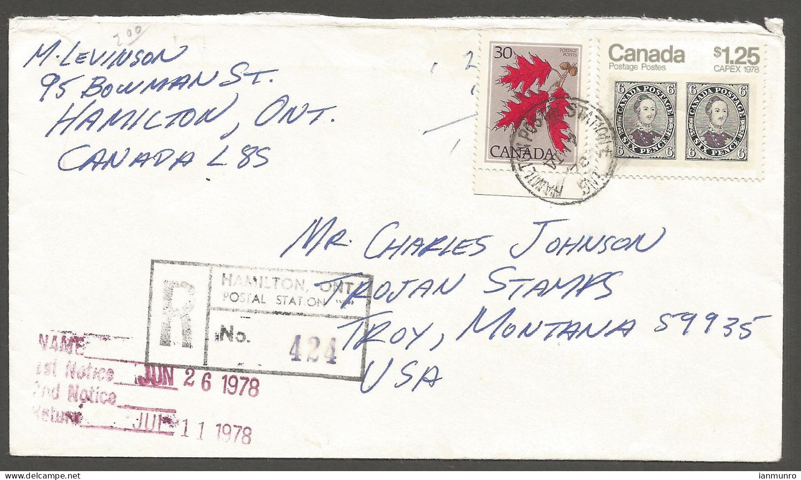 1978 Registered Cover $1.55 Capex/Trees CDS Hamilton Stn E Ontario To USA - Postal History