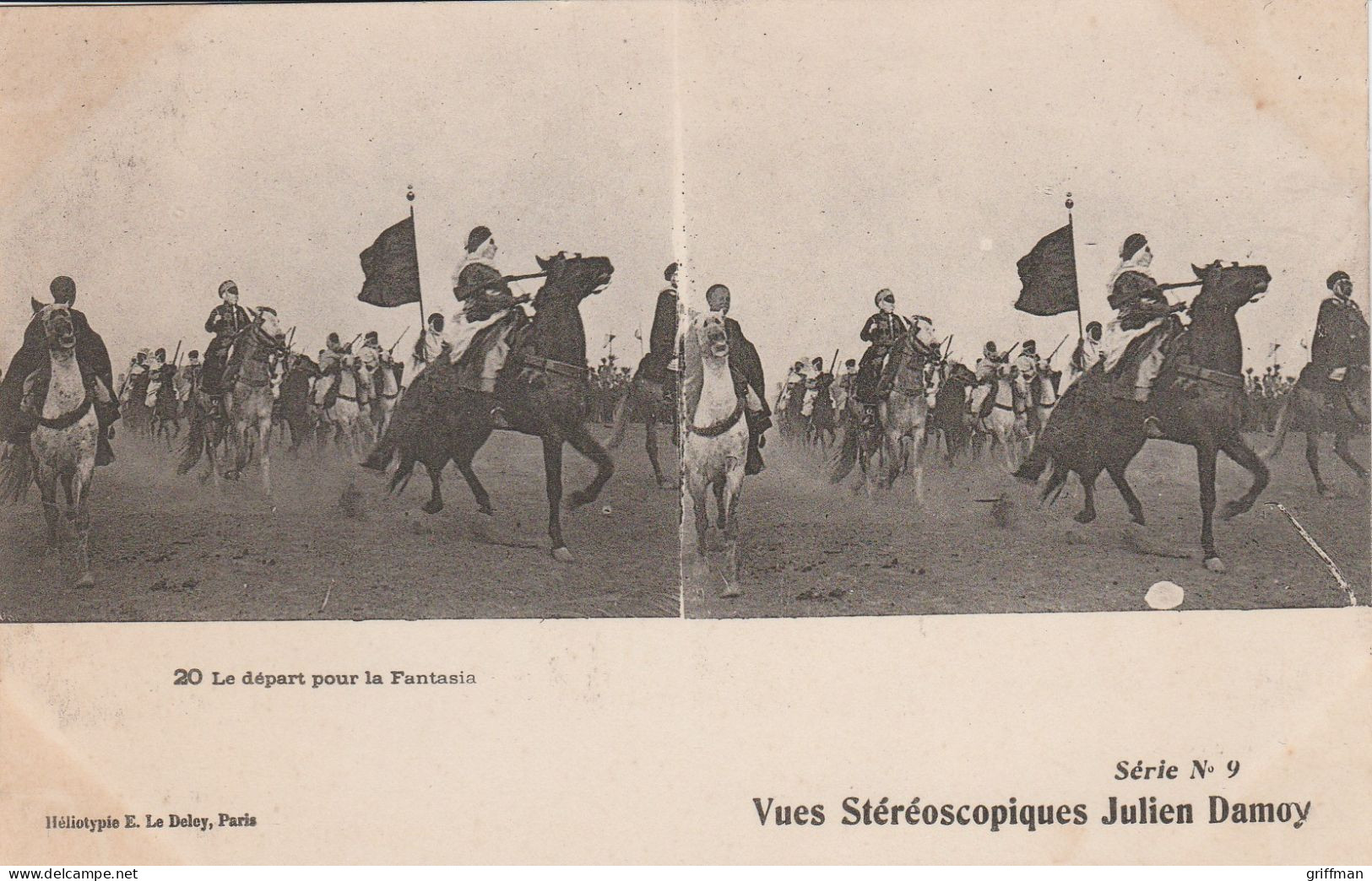 CARTE STEREOSCOPIQUE ALGERIE LE DEPART POUR LA FANTASIA JULIEN DAMOY TBE - Stereoskopie