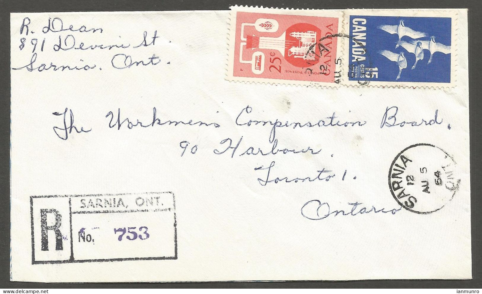 1964 Registered Cover 40c Chemical/Geese CDS Sarnia To Toronto Ontario - Postal History