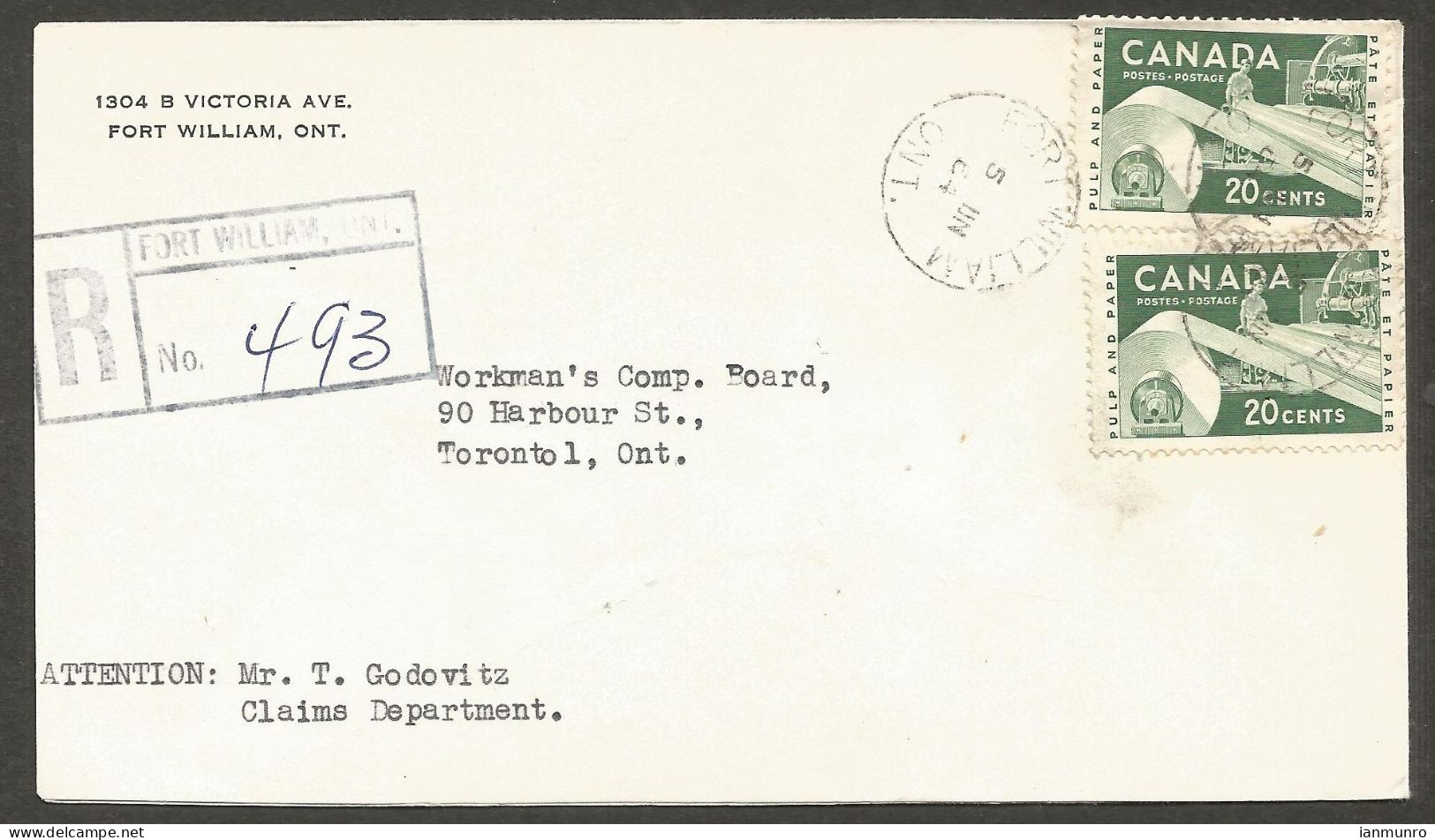 1964 Registered Cover 40c Paper CDS Fort William To Toronto Ontario - Postgeschichte