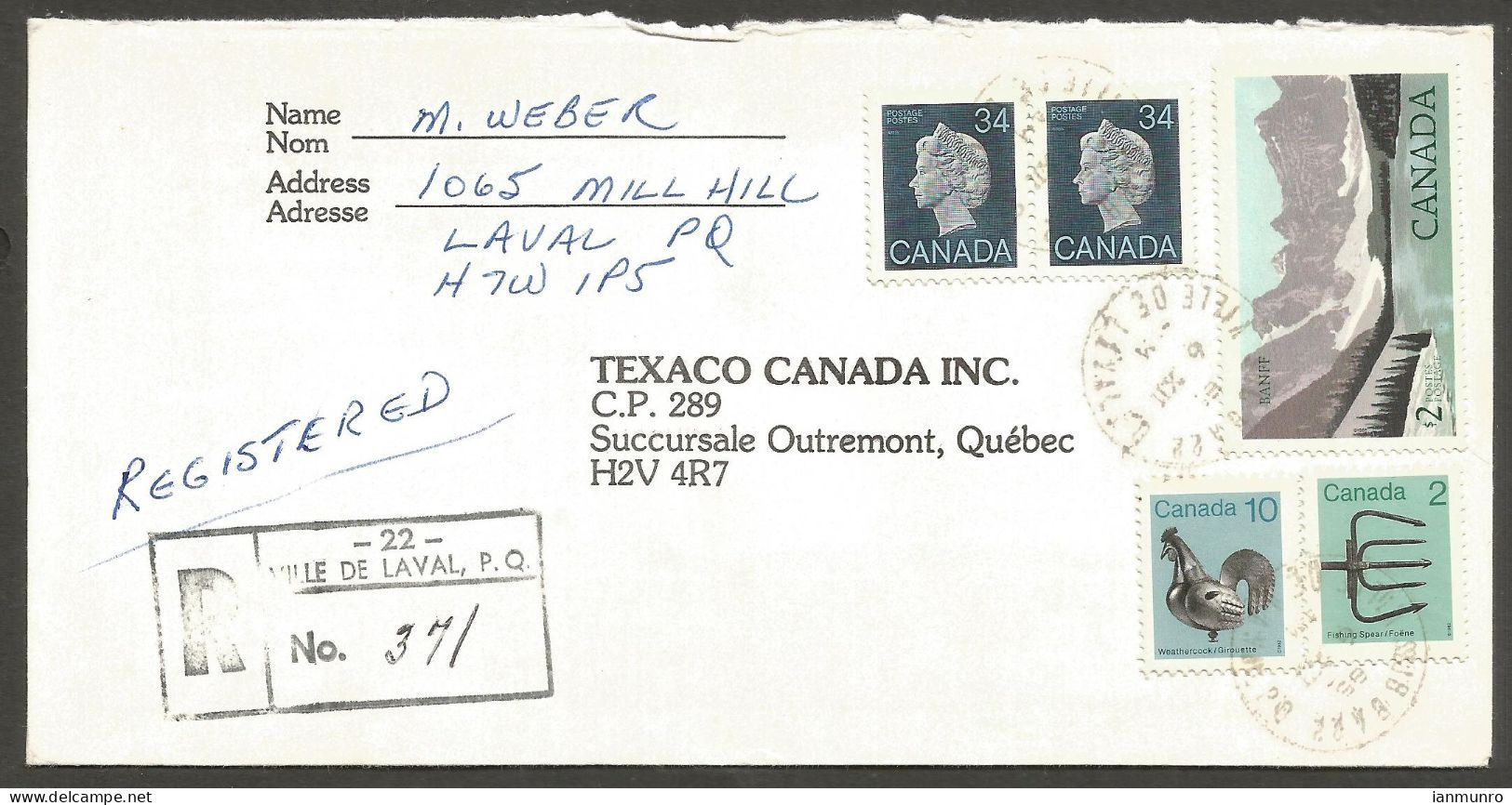 1985 Registered Cover $2.80 Kluane CDS Laval Sub 22 PQ Quebec Texaco Reply - Postal History