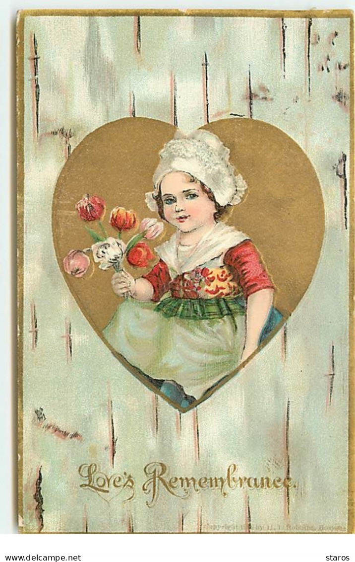 Carte Gaufrée - Love's Remembrance - Fillette Dans Un Coeur Tenant Des Tulipes - Saint-Valentin