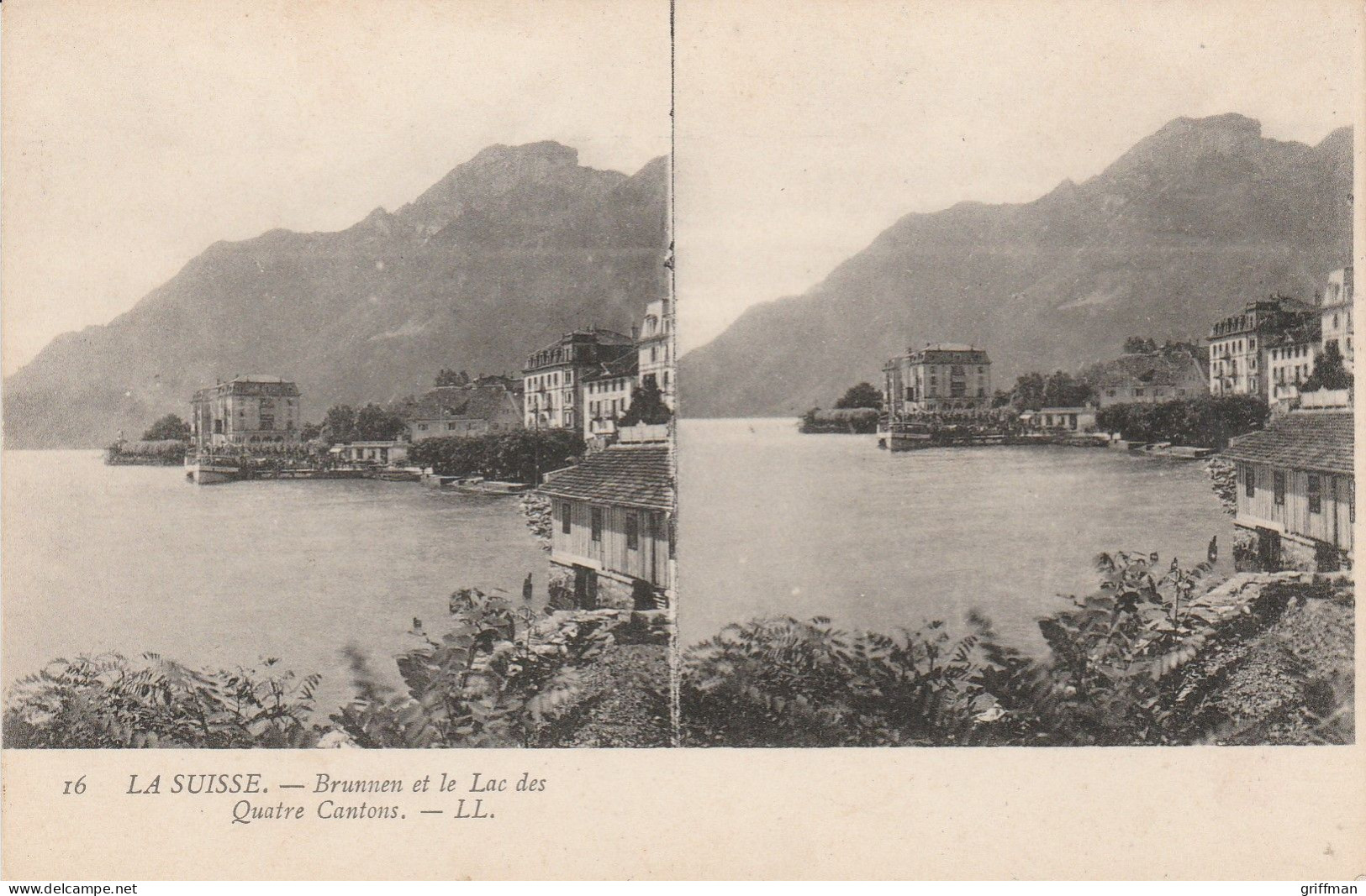 CARTE STEREOSCOPIQUE LA SUISSE BRUNNEN ET LE LAC DES QUATRE CANTONS TBE - Cartes Stéréoscopiques