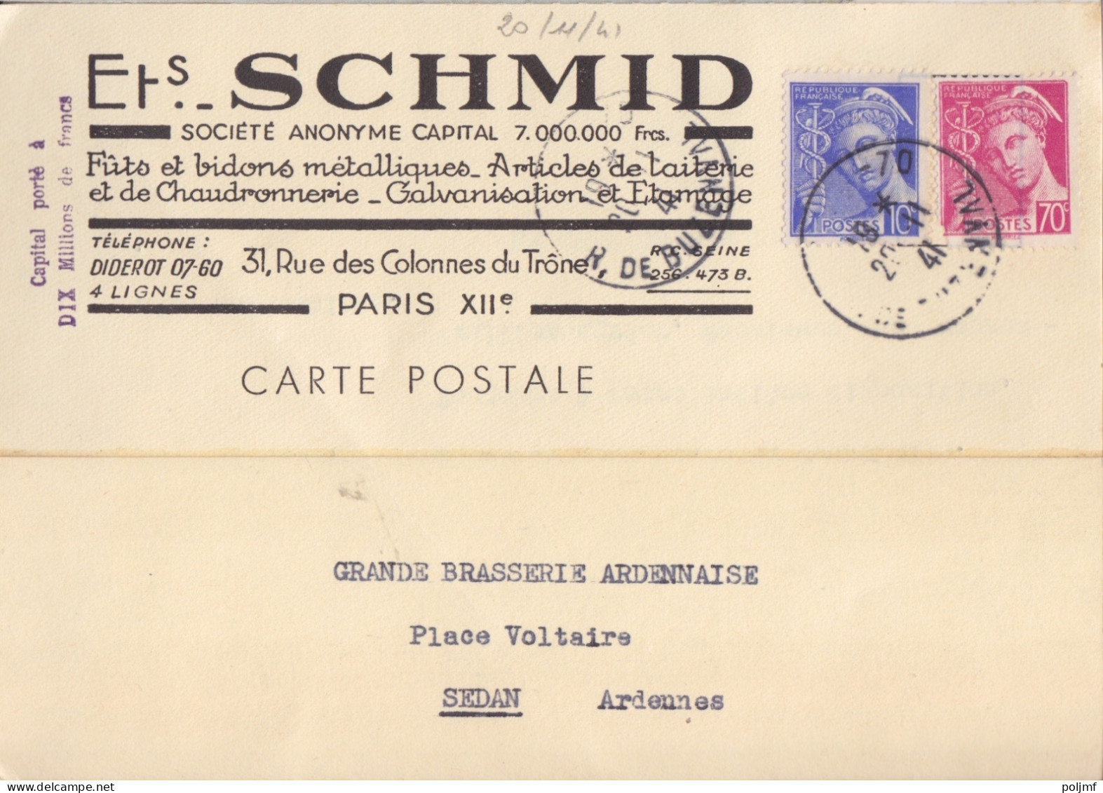 CP "Articles De Laiterie" Obl. Paris 70 Le 20/11/41 Sur 10c + 70c Mercure N° 407, 416 (tarif Du 1/12/39) Pour Sedan - 1938-42 Mercure