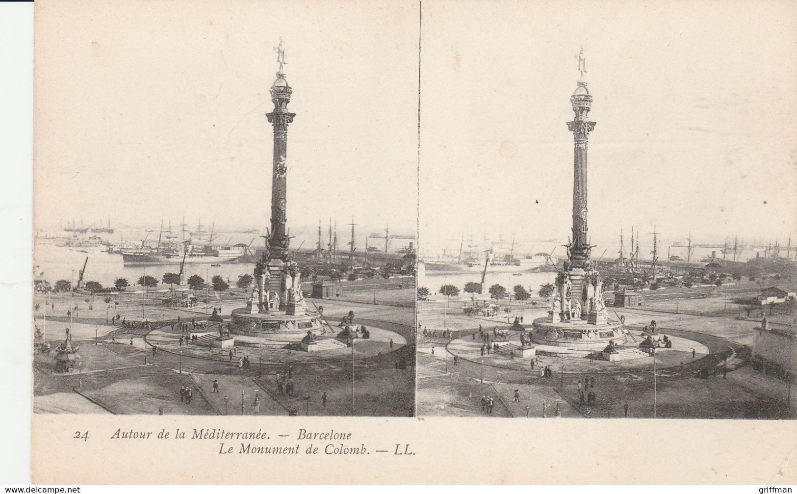 CARTE STEREOSCOPIQUE AUTOUR DE LA MEDITERRANEE ESPAGNE BARCELONE LE MONUMENT DE COLOMB TBE - Cartes Stéréoscopiques