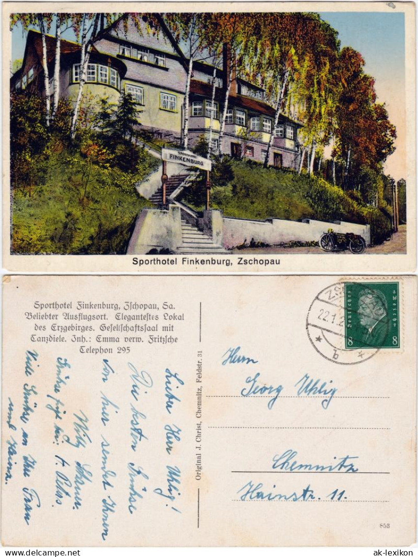 Ansichtskarte Zschopau Sporthotel Finkenburg 1929  - Zschopau