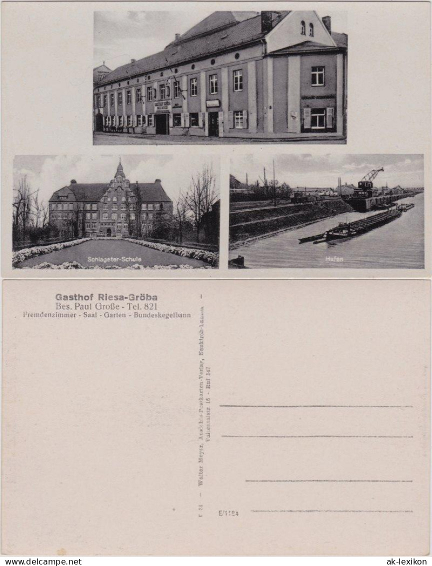 Ansichtskarte Gröba-Riesa 3-Bild: Schlageter-Schule, Hafen 1934 - Riesa
