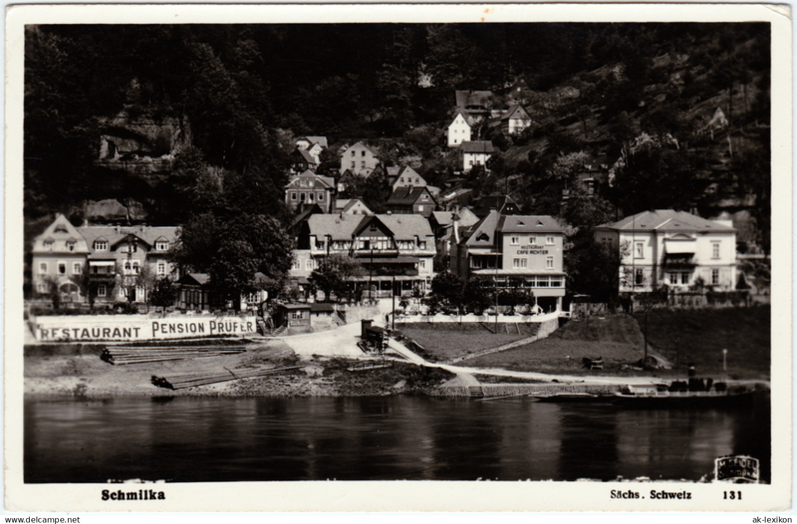 Ansichtskarte Schmilka Restaurant Prüfer, Cafe Richter (Panorama) 1940  - Schmilka