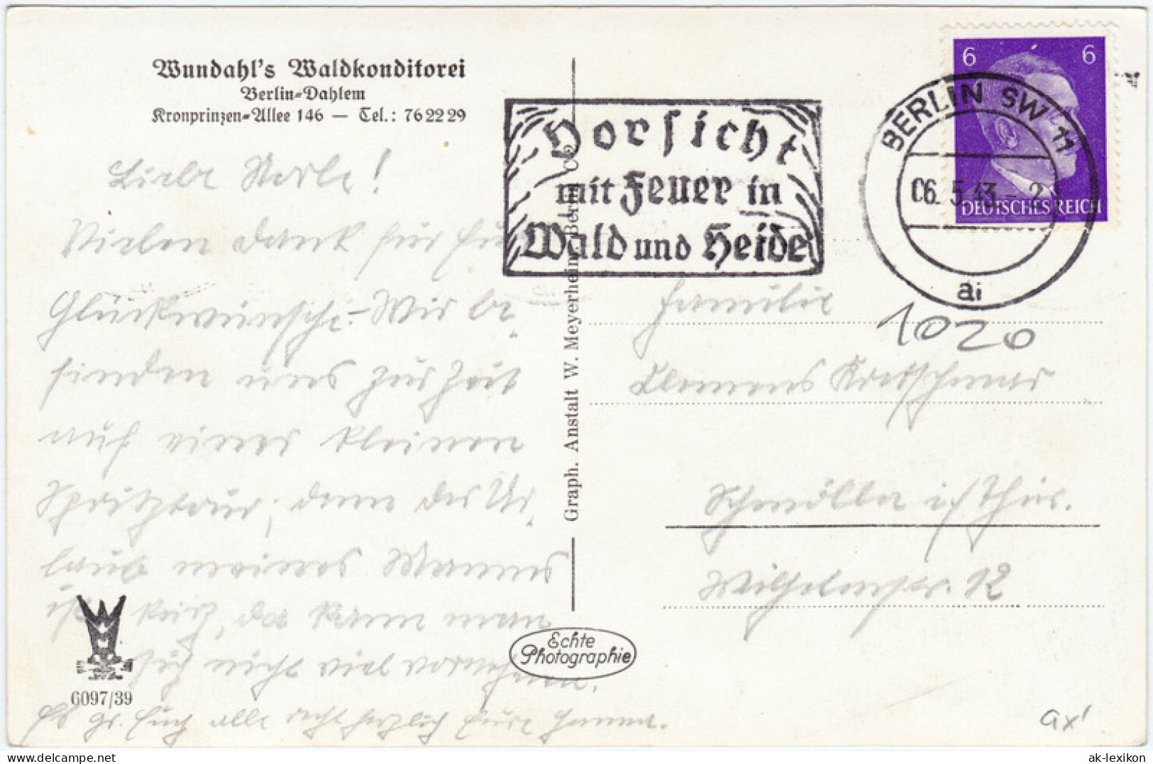 Dahlem-Berlin Wundahls Waldkonditorei - Kronprinzen Allee 146 1943  - Dahlem
