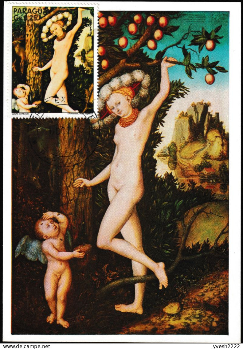 Paraguay 1975 Y&T 1489 Sur CM. Peinture, Lucas Cranach. Vénus. Femme à Poil, Et Son Petit Ange Qui La Regarde. Pommier - Nudes