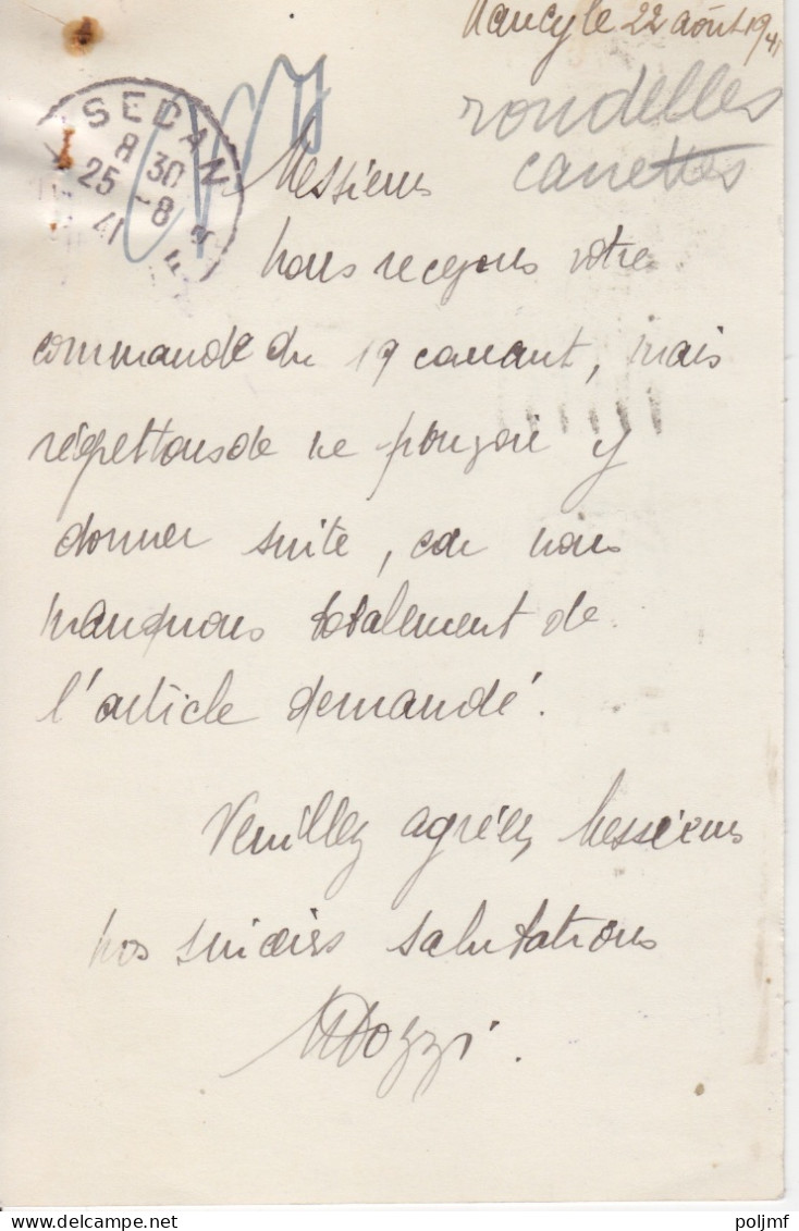 CP "Caoutchouc Et Amiante" Obl. Nancy RP Le 22/8/41 Sur 40c X 2 Mercure N° 413 (tarif Du 1/12/39) Pour Sedan - 1938-42 Mercure