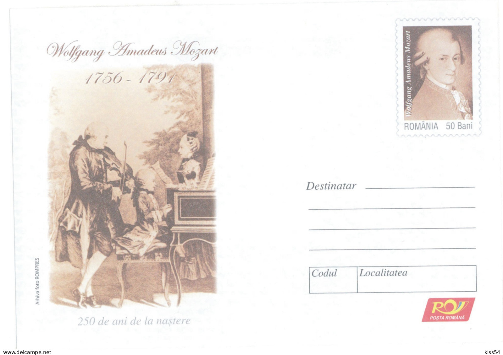 IP 2006 - 2c Wolfgang Amadeus Mozart, Romania - Stationery - Unused - 2006 - Zangers