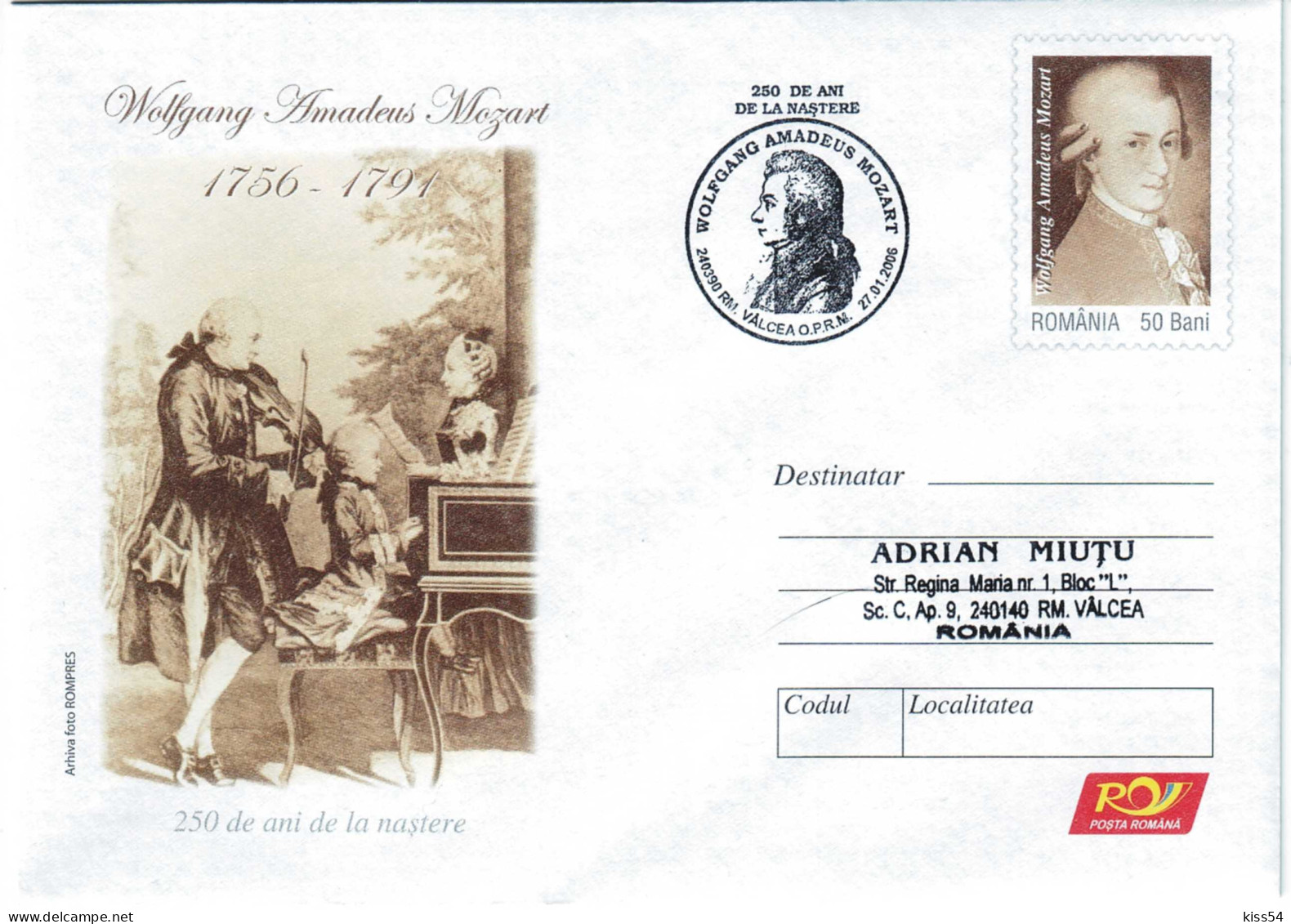 IP 2006 - 02a Wolfgang Amadeus Mozart, Romania - Stationery - Used - 2006 - Zangers