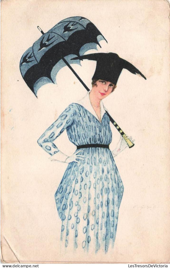 MODE - Femme - Robe Bleue - Parapluie Et Chapeau - Carte Postale Ancienne - Mode