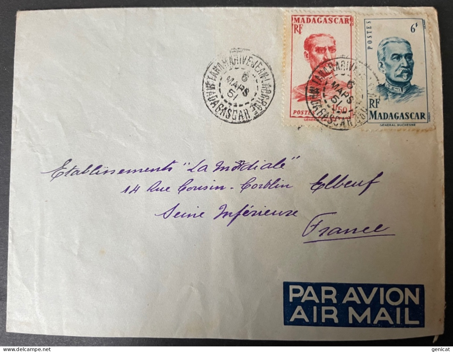 Madagascar Lettre 1951 Obliteration Tananarive Jean Laborde Cachet Perlé Pour Elbeuf - Storia Postale