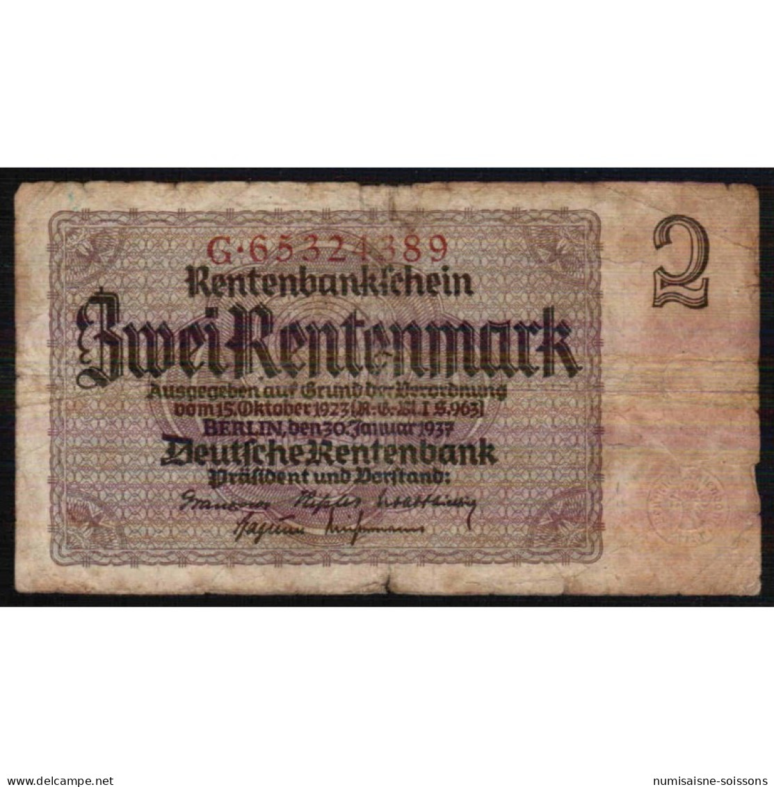 ALLEMAGNE - PICK 174 B - 2 RENTENMARK - 30/01/1937 - B/TB - Other & Unclassified