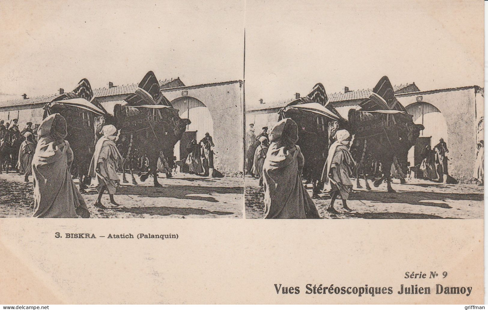 CARTE STEREOSCOPIQUE  ALGERIE BISKRA ATATICH PALANQUIN JULIEN DAMOY TBE - Stereoscopische Kaarten