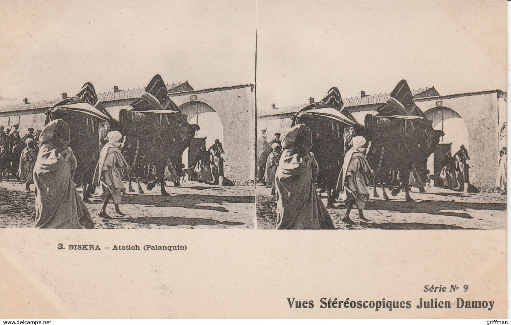 CARTE STEREOSCOPIQUE  ALGERIE BISKRA ATATICH PALANQUIN JULIEN DAMOY TBE - Cartes Stéréoscopiques