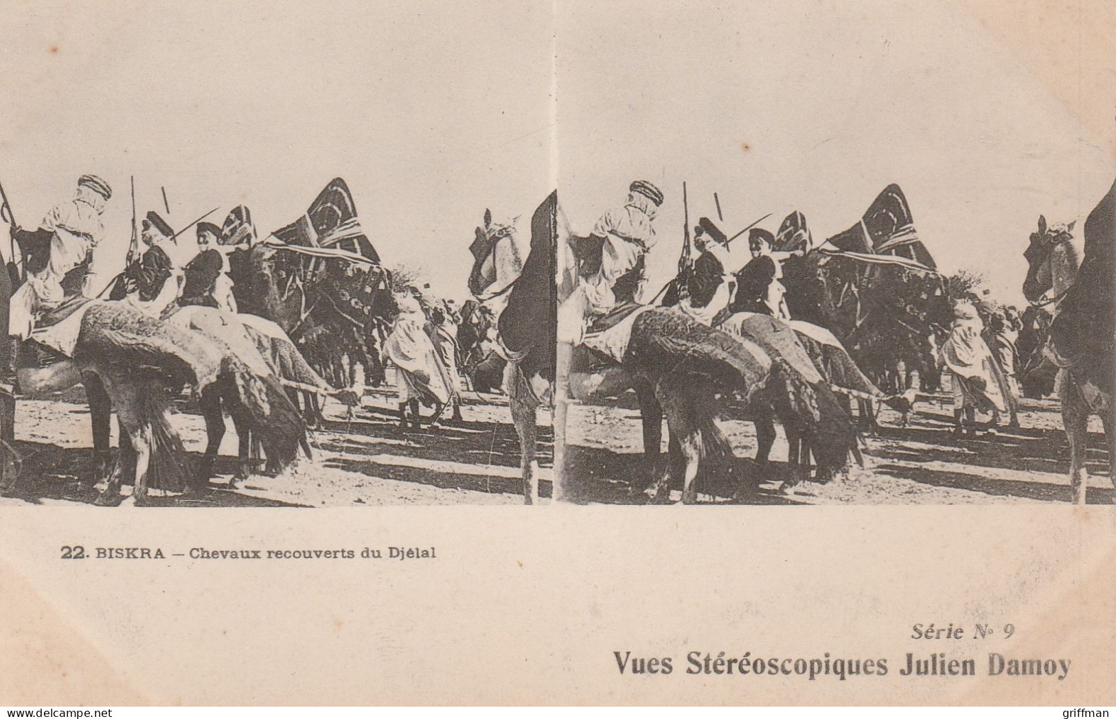 CARTE STEREOSCOPIQUE  ALGERIE BISKRA CHEVAUX RECOUVERTS DU DJELAL JULIEN DAMOY TBE - Estereoscópicas