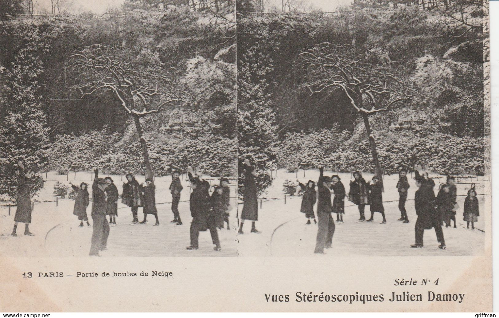 CARTE STEREOSCOPIQUE  PARIS PARTIE DE BOULES DE NEIGE JULIEN DAMOY TBE - Cartes Stéréoscopiques