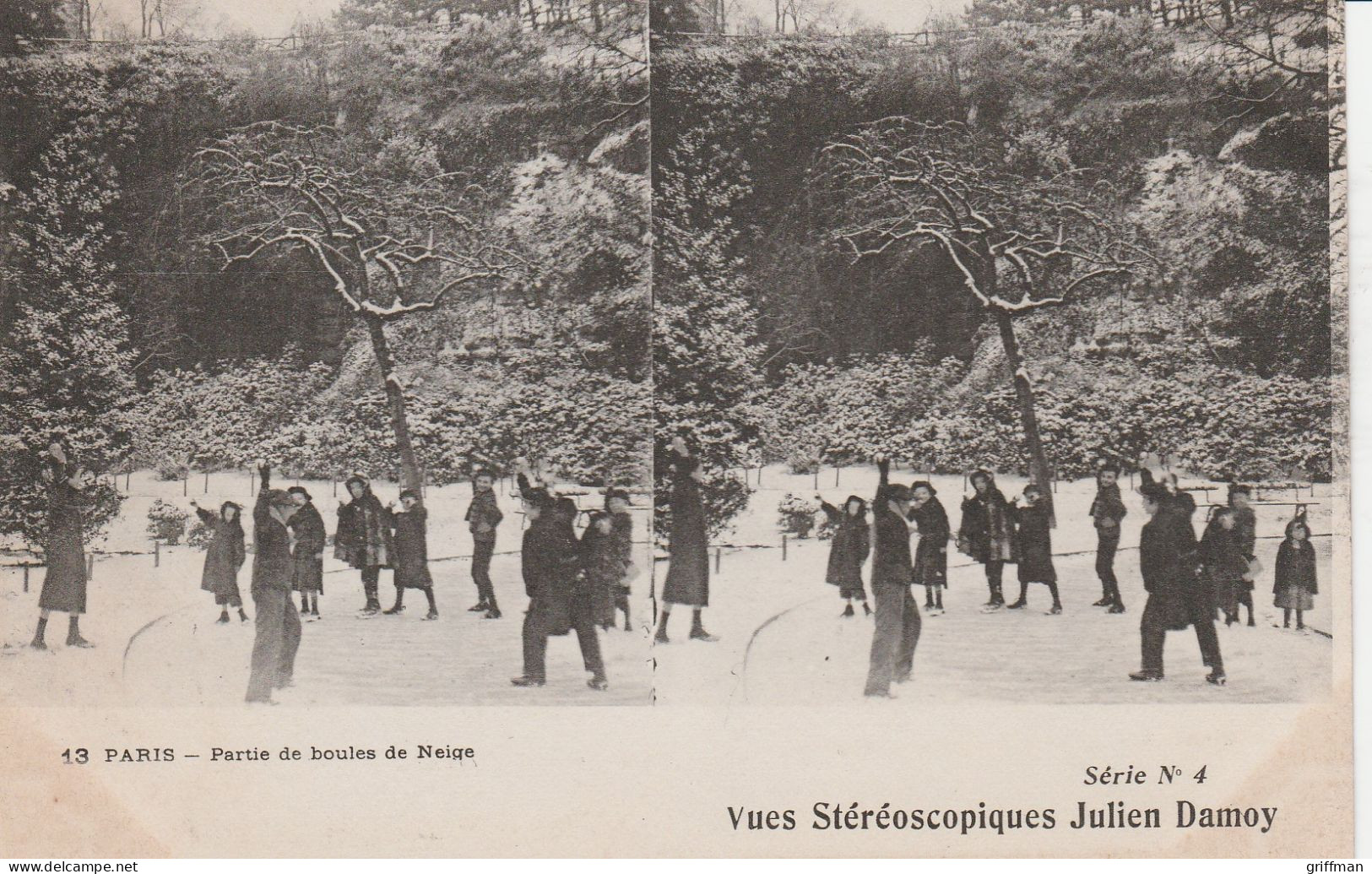CARTE STEREOSCOPIQUE  PARIS PARTIE DE BOULES DE NEIGE JULIEN DAMOY TBE - Stereoskopie