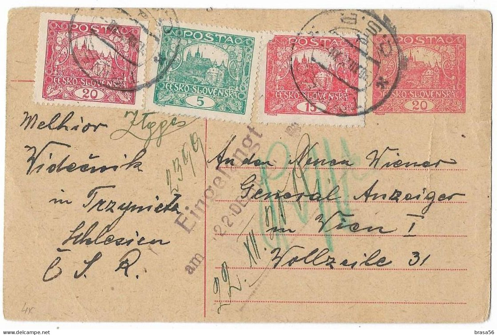 Czechoslovakia 1920 Trinec Hradchany Uprated Postal Stationery Card  1fp.21 - Postales