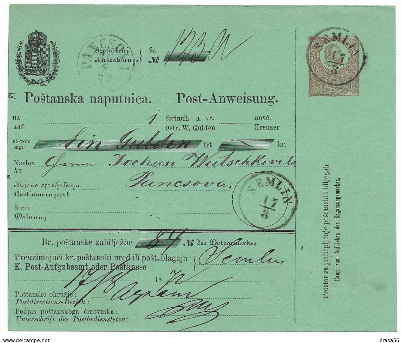 Hungary 1872 Postal Money Order Vojvodina Semlin To Panchova 1.h.3 - Ganzsachen