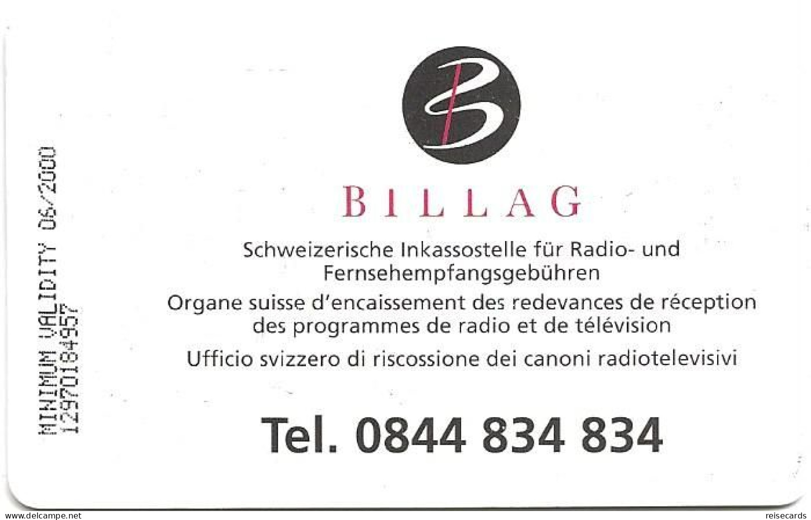 Switzerland: Swisscom V 12/97 Billag, Inkassostelle Für Radio- Und Fernsehempfangsgebühren - Switzerland