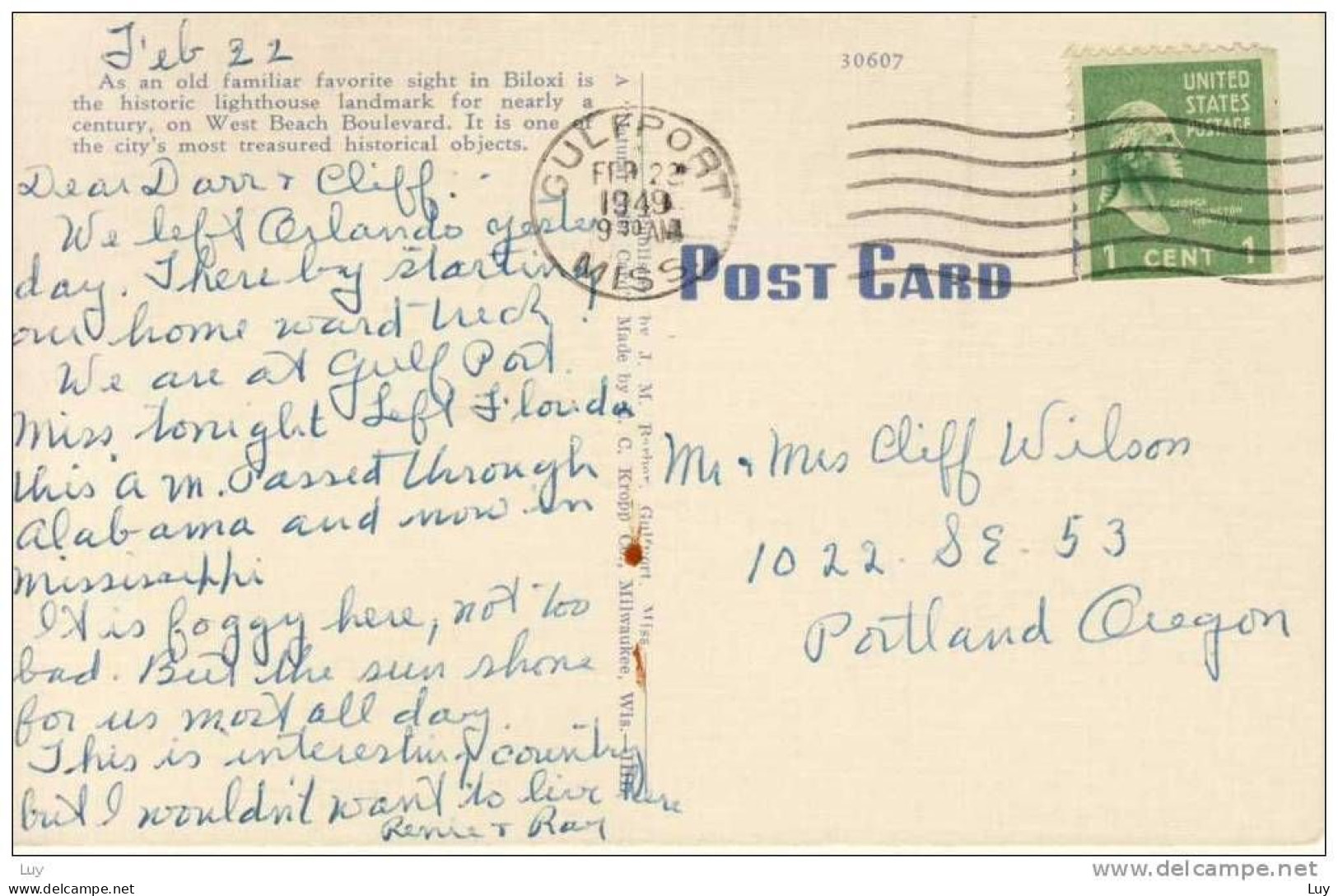 BILOXI, Miss. ,old PC - Historic Lighthouse  (Leuchtturm ) , Used 1949 - Otros & Sin Clasificación