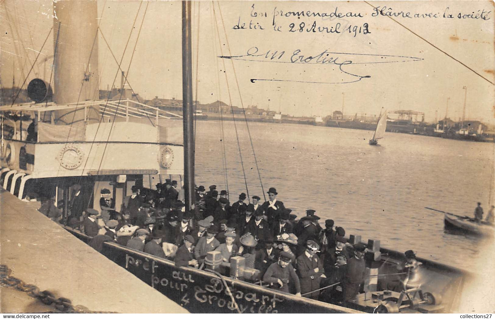 76-LA-HAVRE- CARTE-PHOTO- BÂTEAU 28 AVRIL 1913 DEPART POUR TROUVILLE - Port