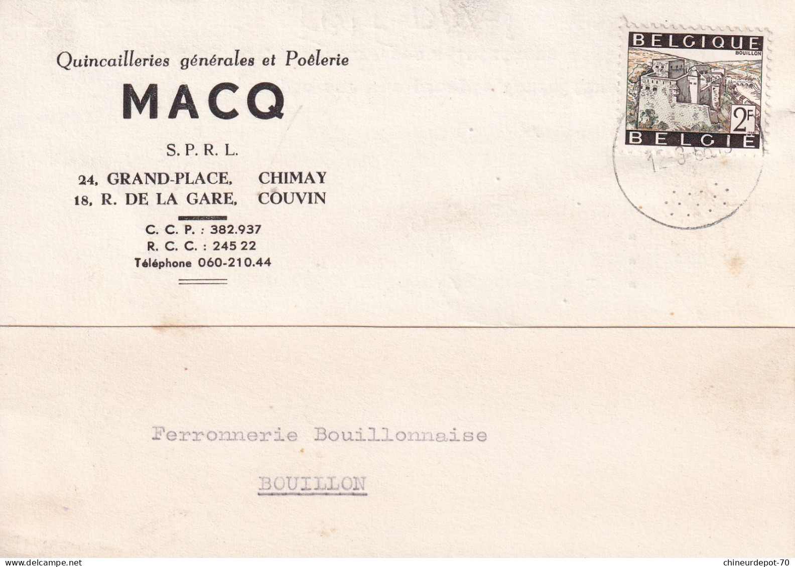 Quincailleries Générales Et Poêlerie Macq S.P.R.L 24 Grand-Place Chimay 18 Rue De La Gare Couvin  1968 - Briefe U. Dokumente