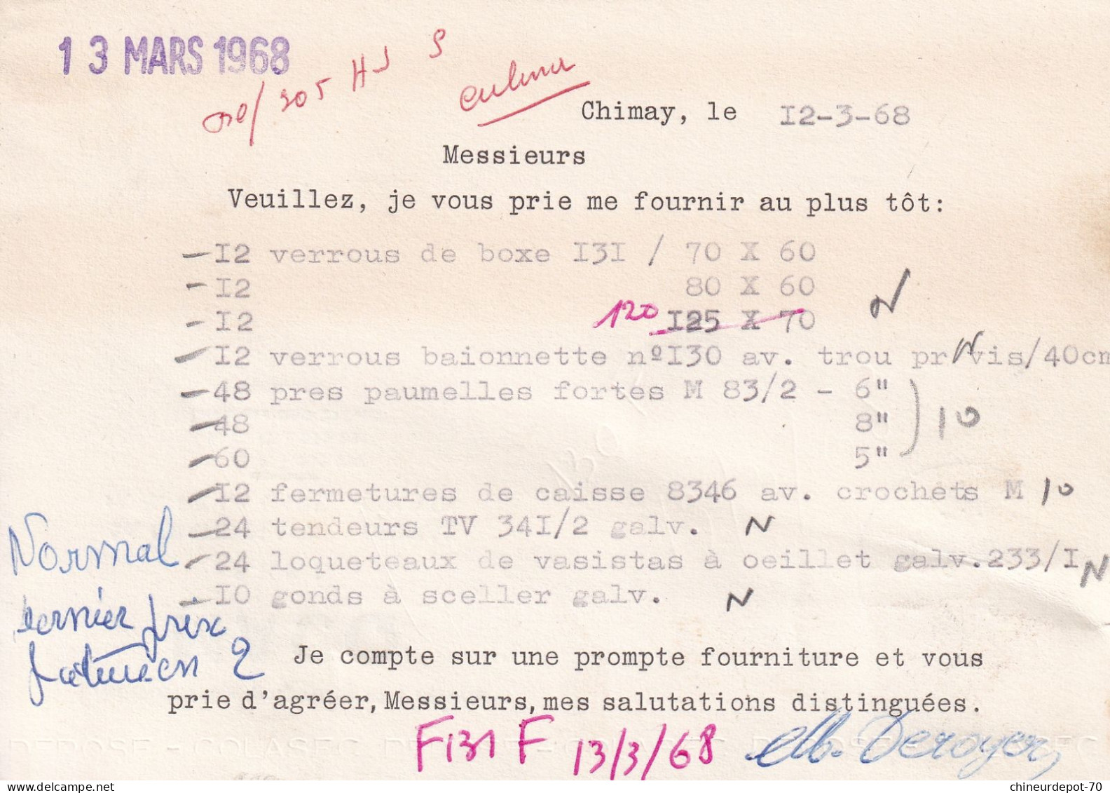 Quincailleries Générales Et Poêlerie Macq S.P.R.L 24 Grand-Place Chimay 18 Rue De La Gare Couvin  1968 - Lettres & Documents