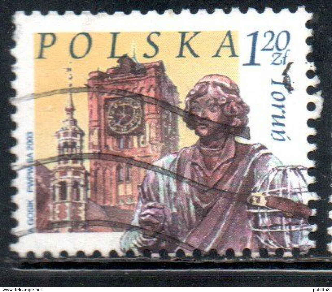 POLONIA POLAND POLSKA 2003 TOWER OF OLD CITY HALL STATUE OF NICOLAUS COPERNICUS TORUN 1.20z USED USATO OBLITERE' - Used Stamps
