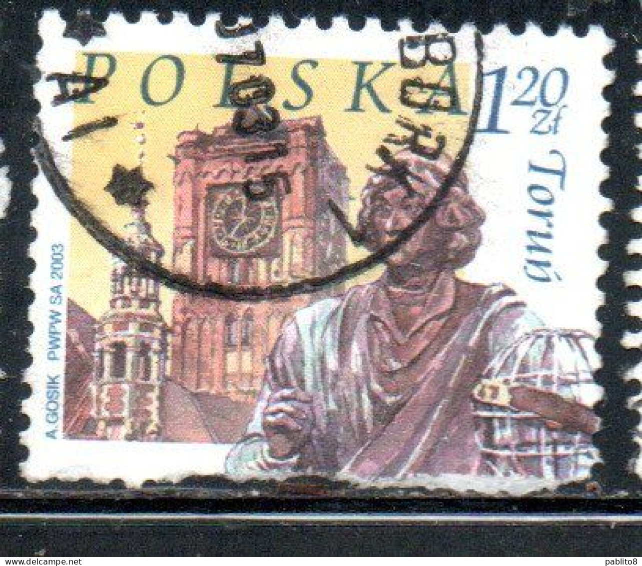 POLONIA POLAND POLSKA 2003 TOWER OF OLD CITY HALL STATUE OF NICOLAUS COPERNICUS TORUN 1.20z USED USATO OBLITERE' - Used Stamps