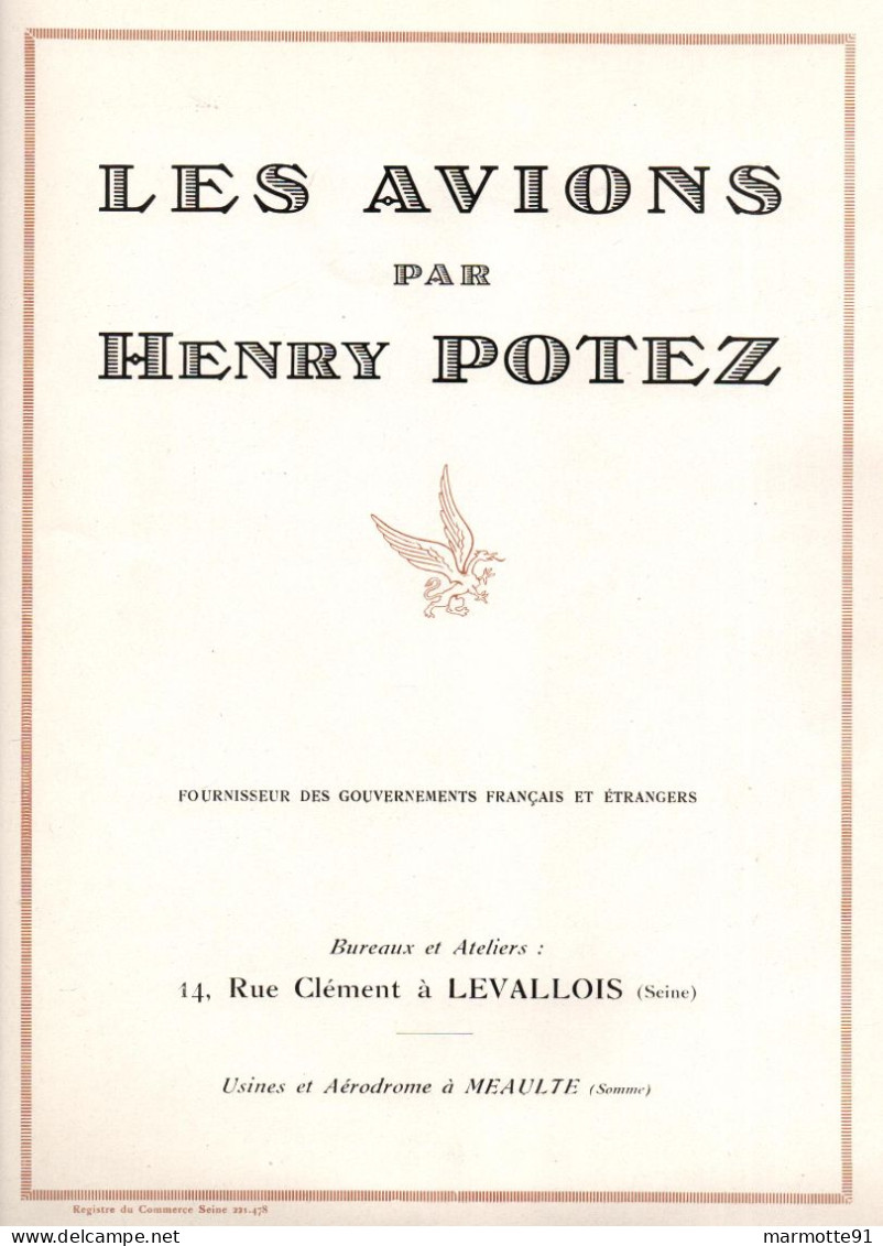 AVIONS HENRY POTEZ CATALOGUE AVIATION TOURISME MILITAIRE HYDRAVION AVION - Avion