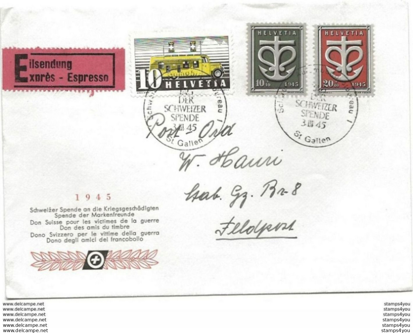 244 - 19 - Enveloppe Exprès Avec Oblit Spéciale "Tag Der Schweizer Spende 1945 St Gallen" Bel Affranchissement - Marcophilie