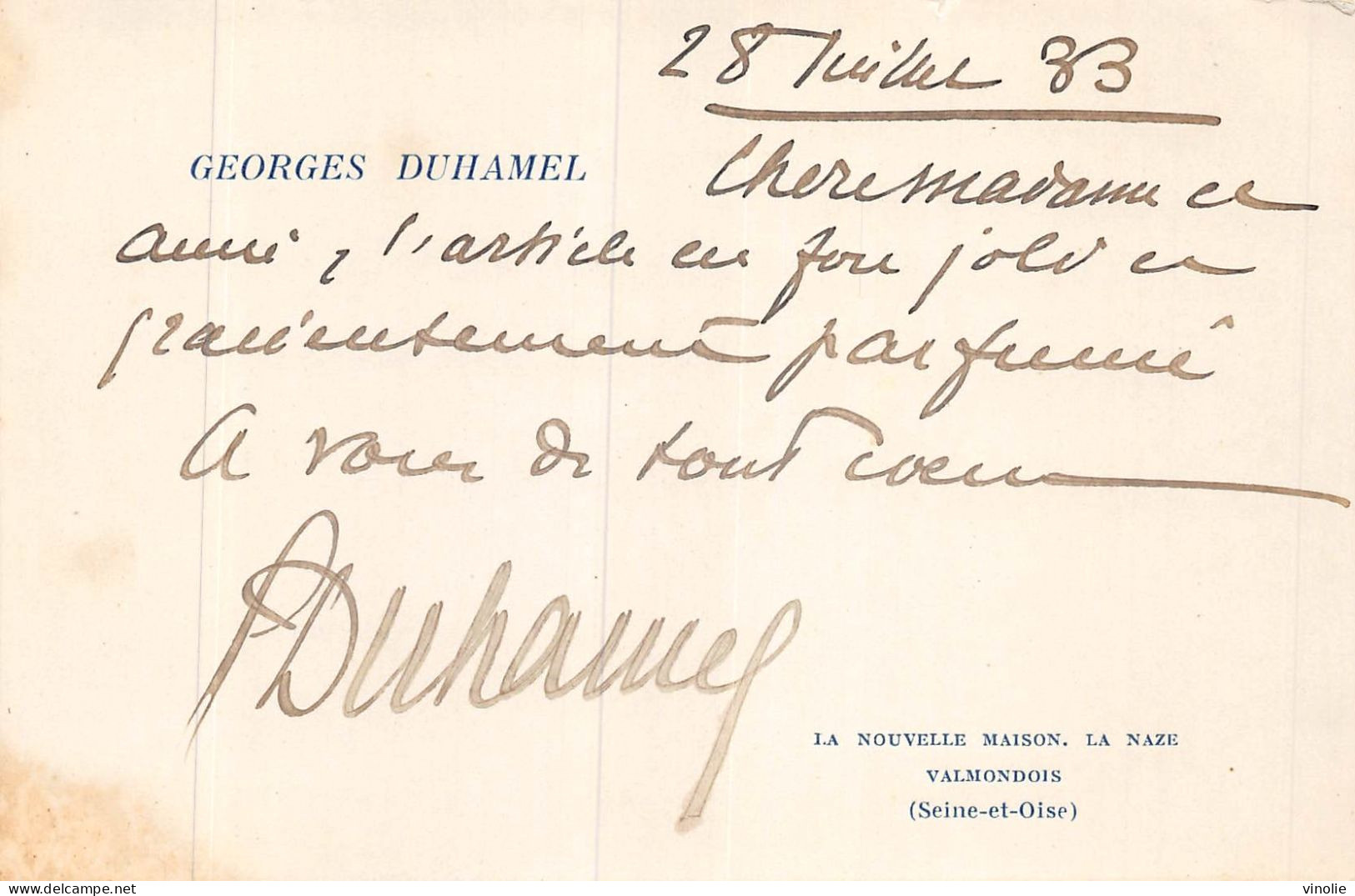 24-2612 : AUTOGRAPHE DE GEORGES DUHAMEL. 28 JUILLET 1933. VALMONDOIS. VAL-D'OISE - Schrijvers