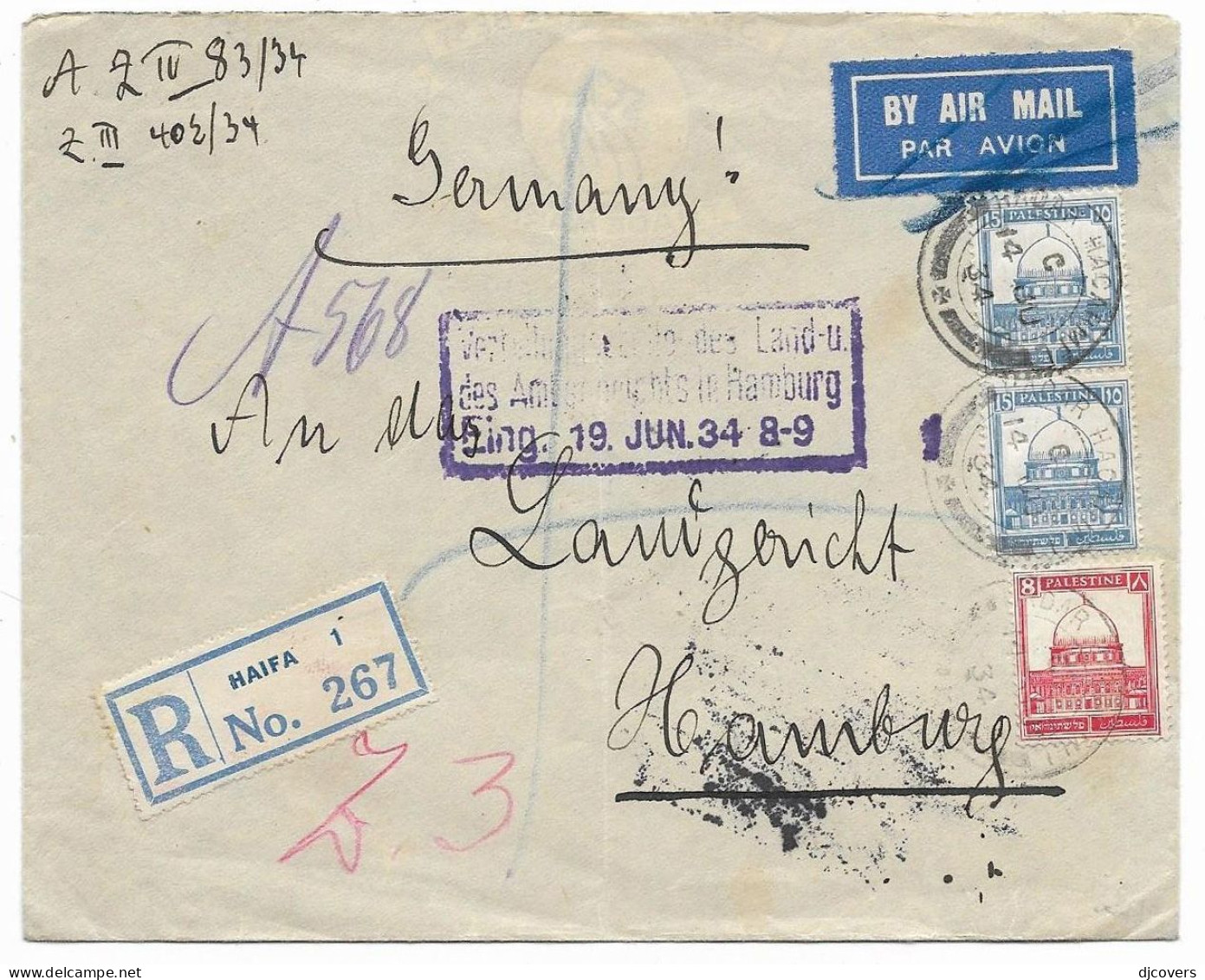 British Mandate Palestine 1934 Registered Airmail Haifa Cover To Hamburg 1e.54 - Levant Britannique