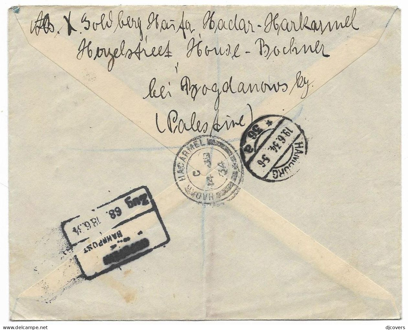 British Mandate Palestine 1934 Registered Airmail Haifa Cover To Hamburg 1e.54 - Britisch-Levant