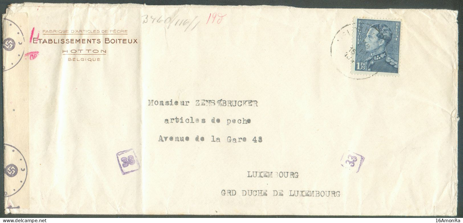 1Fr.75 Obl. Sc HOTTON Sur Lettre Censurée (Et. BOITEUX PECHE à HOTTON) Vers Luxembourg - 22017 - 1936-1951 Poortman