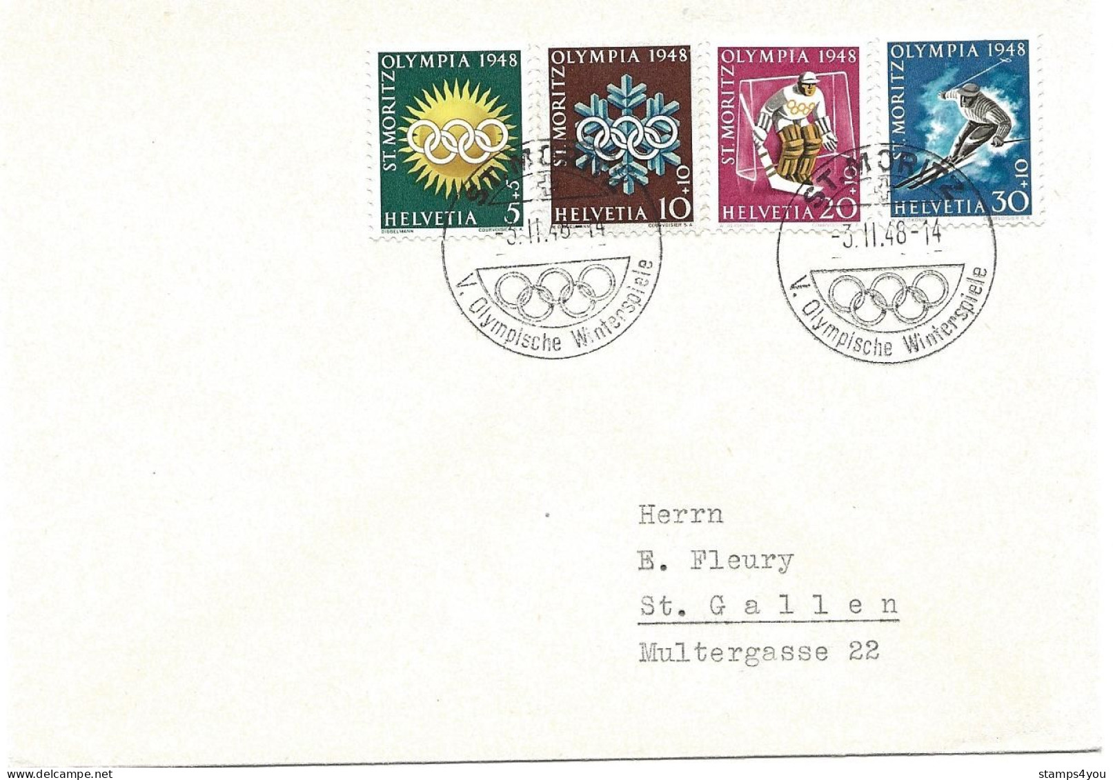 244 - 76 - Enveloppe Suisse Avec Série JO St Motirz 1948 - Oblit Spéciale 3.2.48. - Winter 1948: St-Moritz