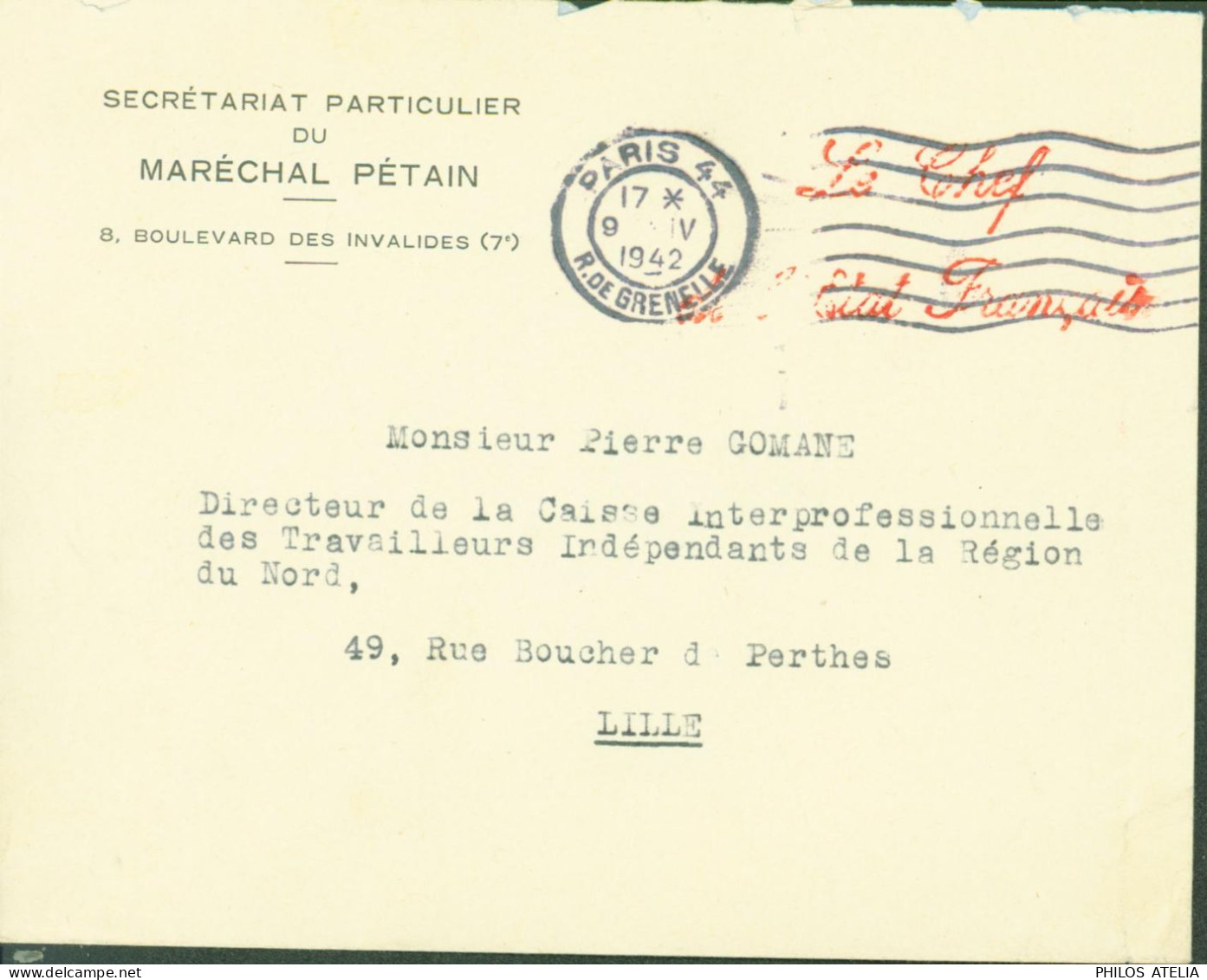 Guerre 40 Franchise Cursive Le Chef De L'état Français Paris 1942 Secrétariat Particulier Maréchal Pétain Zone Occupée - WW II