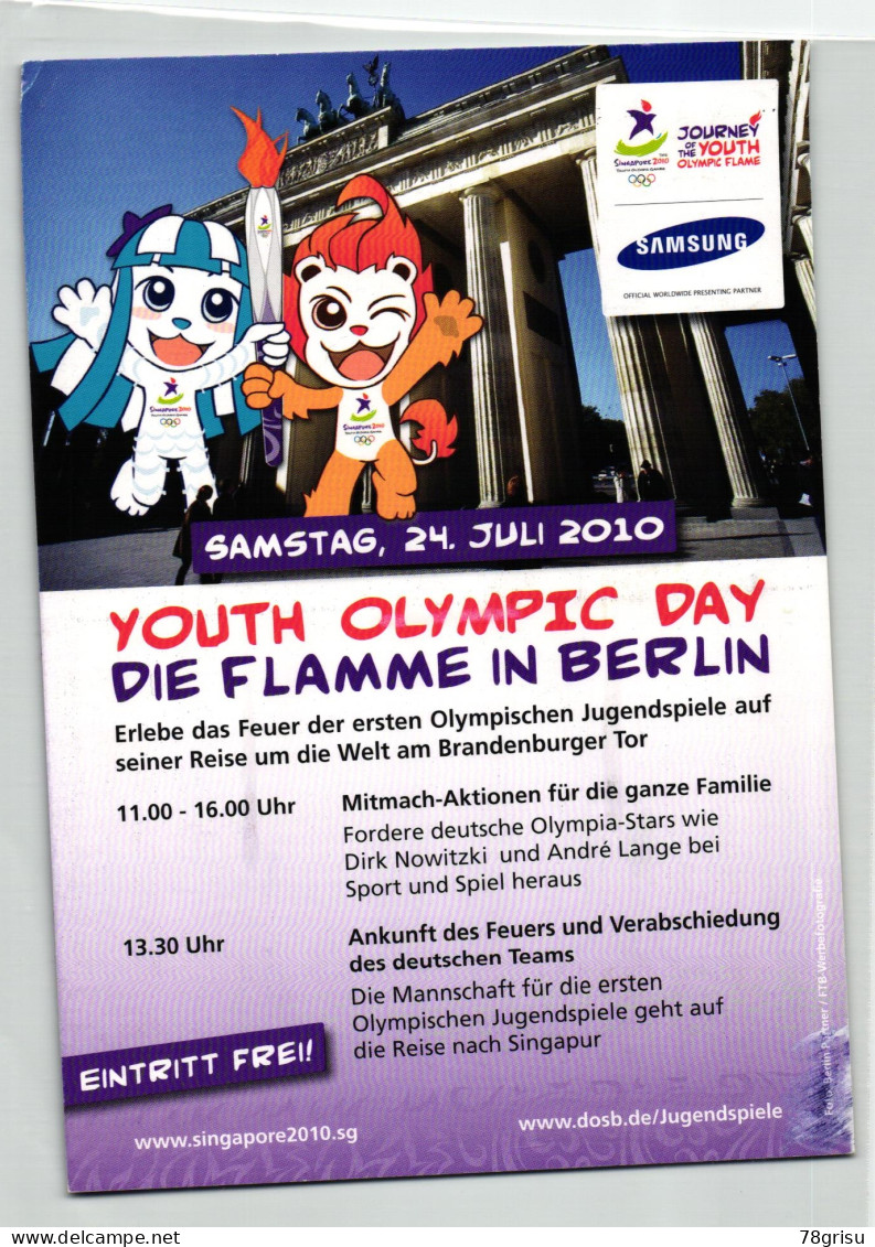 Germany - Youth Olympic Games Singapore 2010 Berlin Flammenzeremonie Torch Relay Postcard To UK - Summer 2010 : Singapore (Youth Olympic Games)
