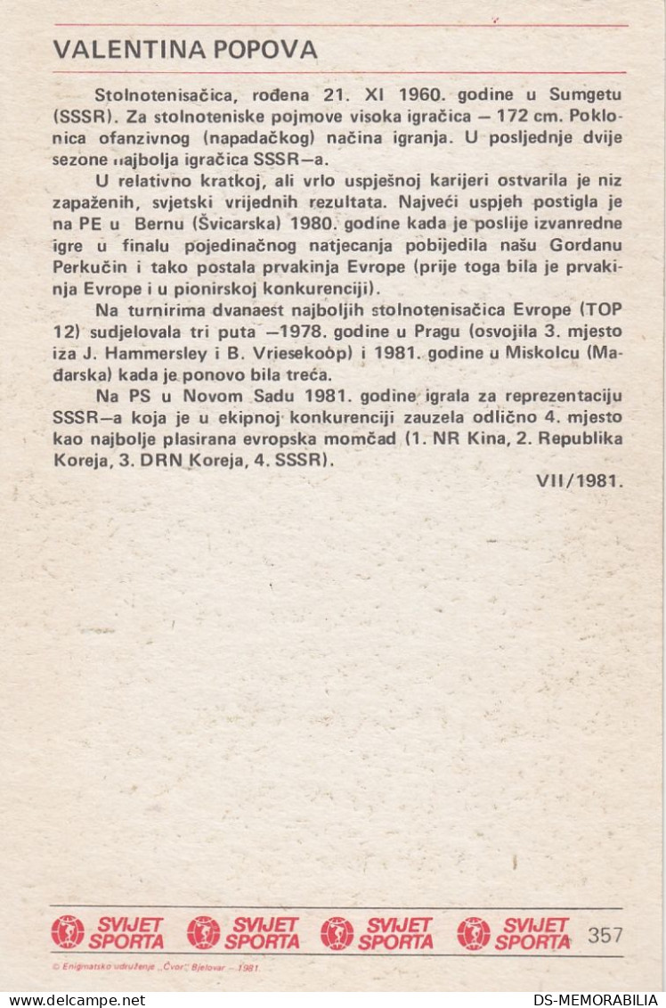 Table Tennis Valentina Popova USSR Azerbaijan Trading Card Svijet Sporta - Tischtennis