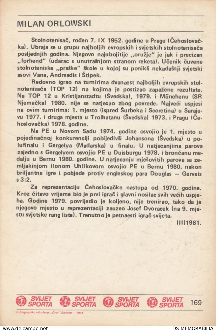 Table Tennis Milan Orlowski Czechoslovakia Trading Card Svijet Sporta - Tischtennis