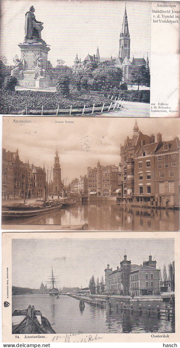 238963Amsterdam, Oosterdok 1906 – Binnen Amstel 1908 – Standbeeld Joost V.d. Vondel (3 Kaarten) - Amsterdam