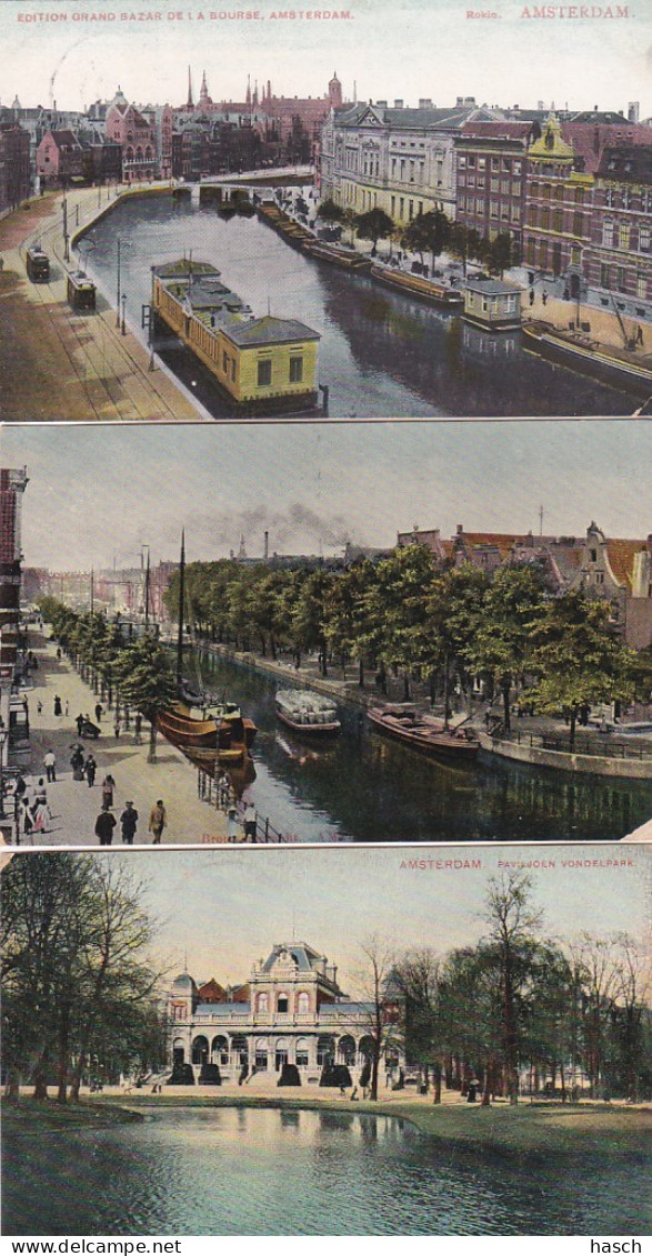 238966Amsterdam, Paviljoen Vondelpark 1908 – Brouwersgracht 1908 – Rokin 1907 (3 Kaarten)(zie Hoeken) - Amsterdam