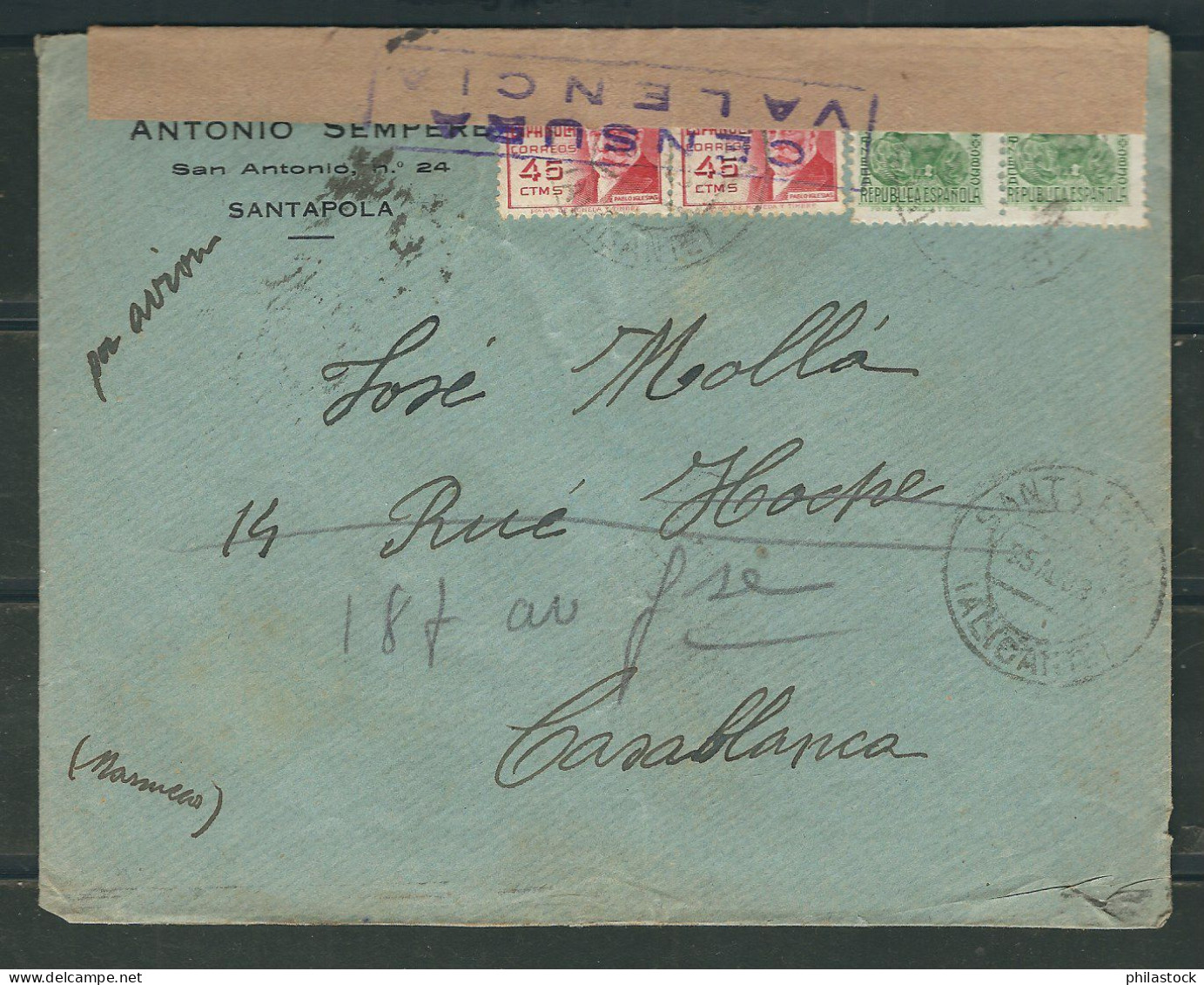 ESPAGNE 1937 Lettre Censurée De Valence Partie D'Alicante Pour Casablanca Maroc - Marcas De Censura Nacional